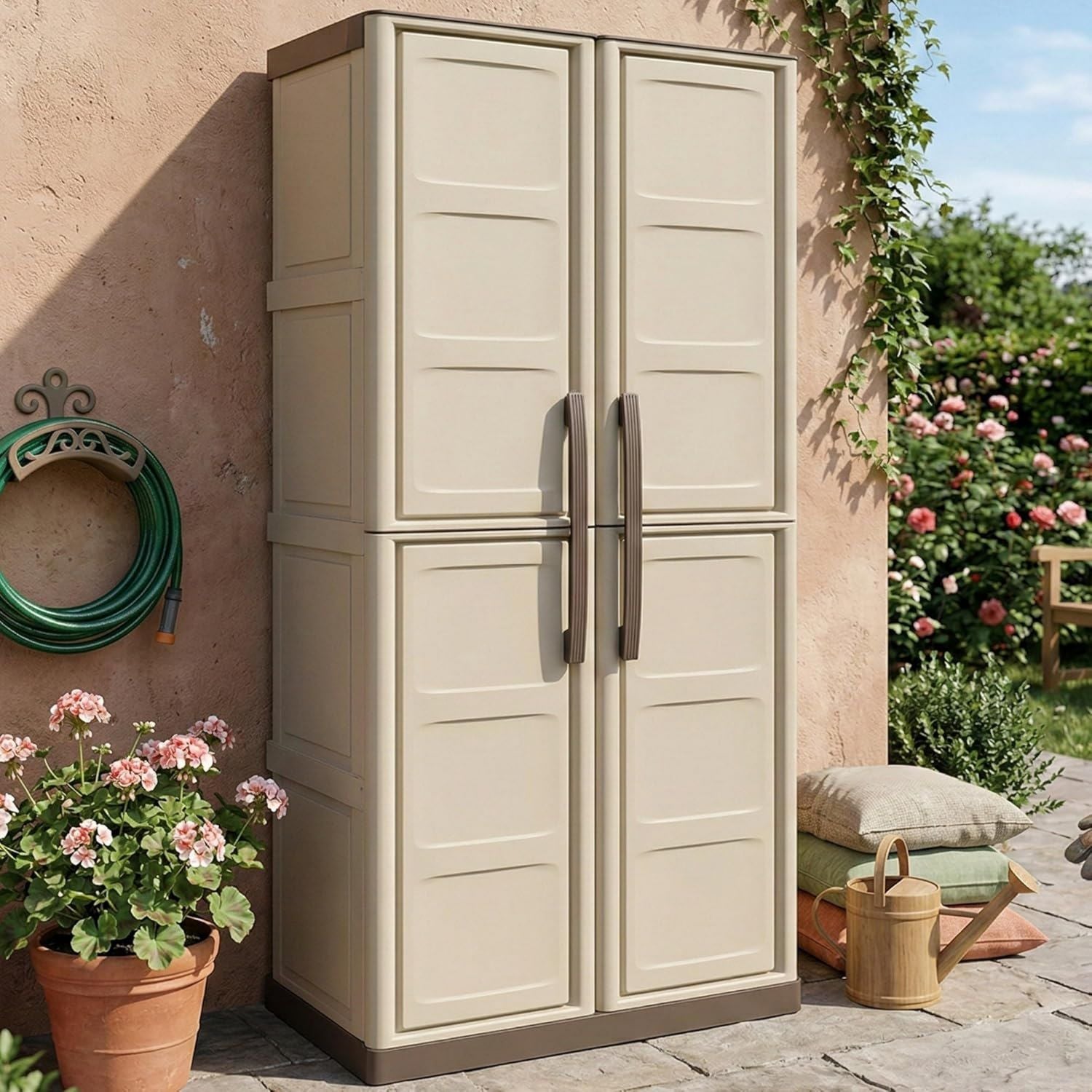 Armadio Dmora da esterno Marchin Mobile balcone multiuso Armadietto outdoor 2 ante 100 Made in Italy Beige e Finitura quadri cm 70 x 39h165 Marrone