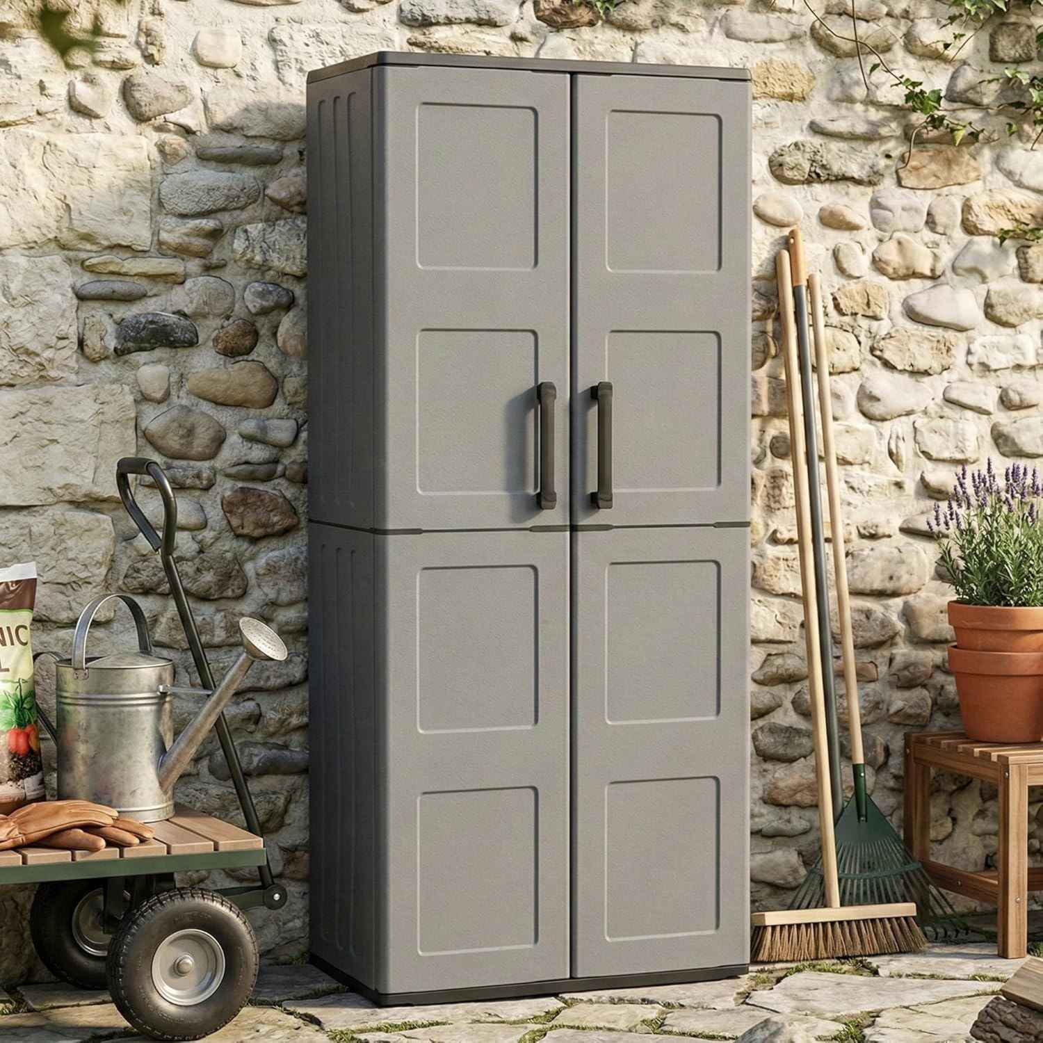 Armadio Dmora da esterno Geel Mobile porta scope multiuso Armadietto outdoor 2 ante 100 Made in Italy Finitura quadri cm e 68 x 37h163 Grigio Nero