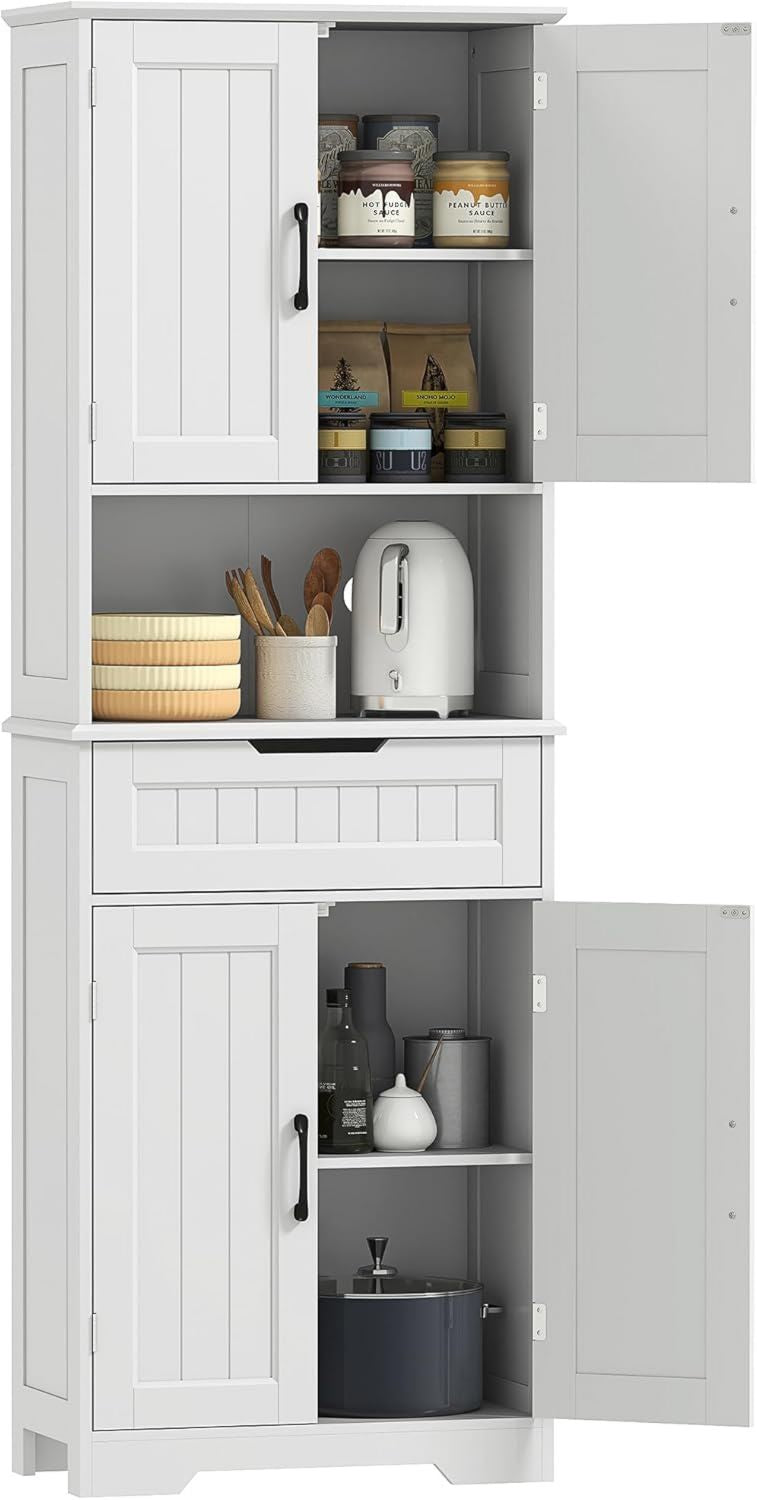 Credenza HOMCOM Cucina Alta Foro Passacavi Cassetto Mobile Dispensa Piano Portamicroonde Cucina con 2 Armadietti Ripiani Regolabili 60 x 30 x 172cm Bianco per Sala da Pranzo Soggiorno