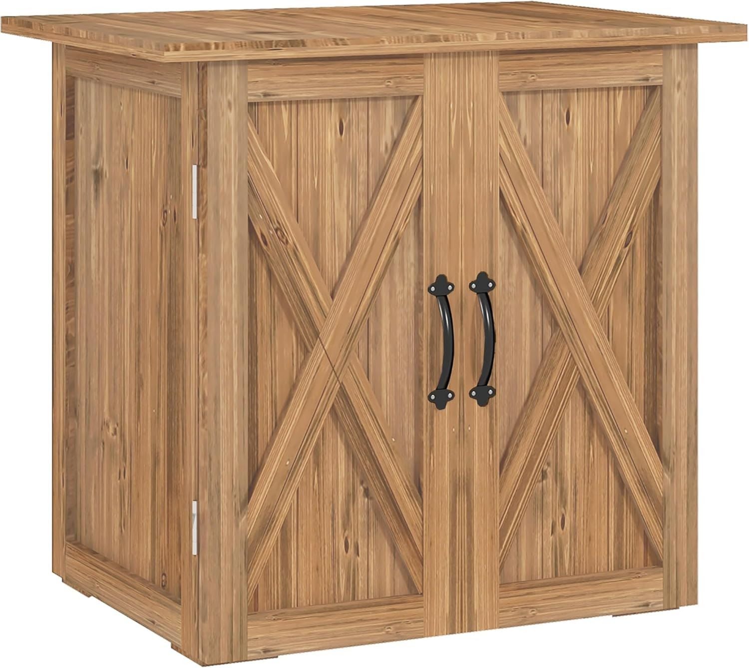 Armadio Outsunny da Esterno 2 Ante di Abete cm Casetta da Giardino con Tetto Chiusura Magnetica Mobili Contenitori da Balcone 77 x 55 x 72 Legno Marrone per Attrezzi